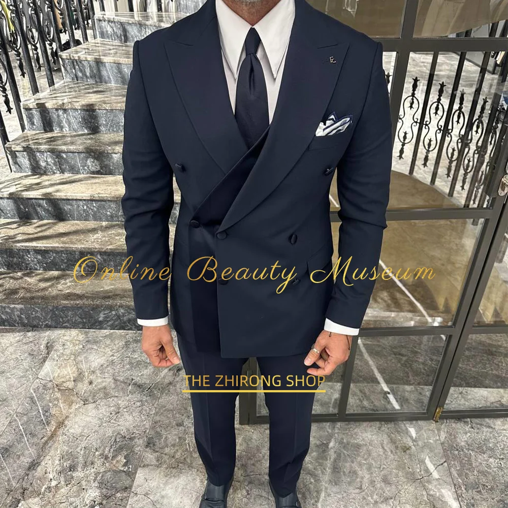 Luxury men's 2-piece suit jacket pants peak lapel blazer with satin straps for wedding birthday cocktail party custom tuxedo