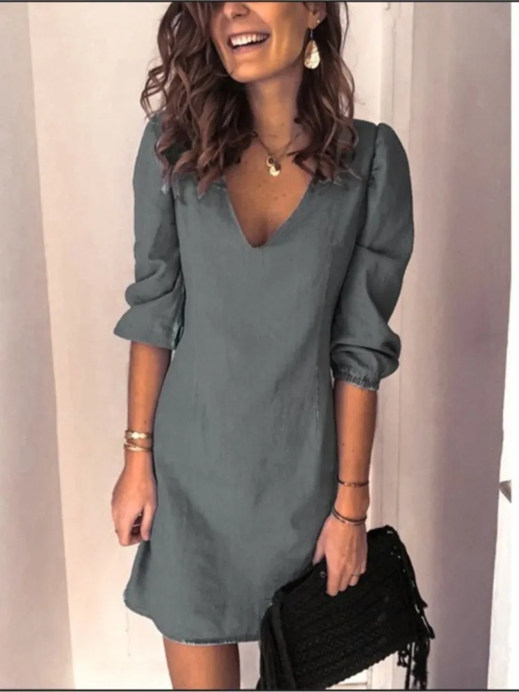 

Fashion Solid Cotton Linen Loose Casual Midi Dress For Women Half Sleeve Sexy V-neck Dresses Female Elegant Office Lady Vestidos