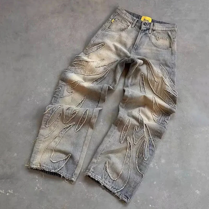New Men Loose-fit Harajuku Fashion Jeans Male Retro Aesthetic Streetwear Denim Pants Graphic Embroidered Wide Leg Denim Trousers