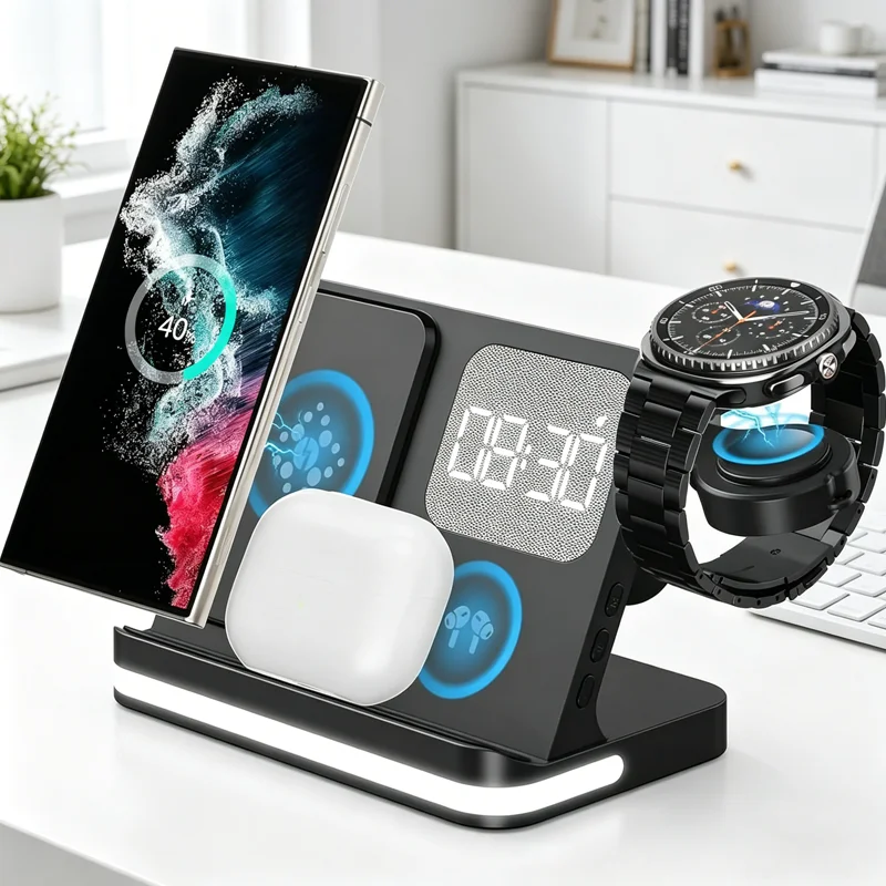 4 In 1 Wireless Charging Station with Alarm Clock LED Night 