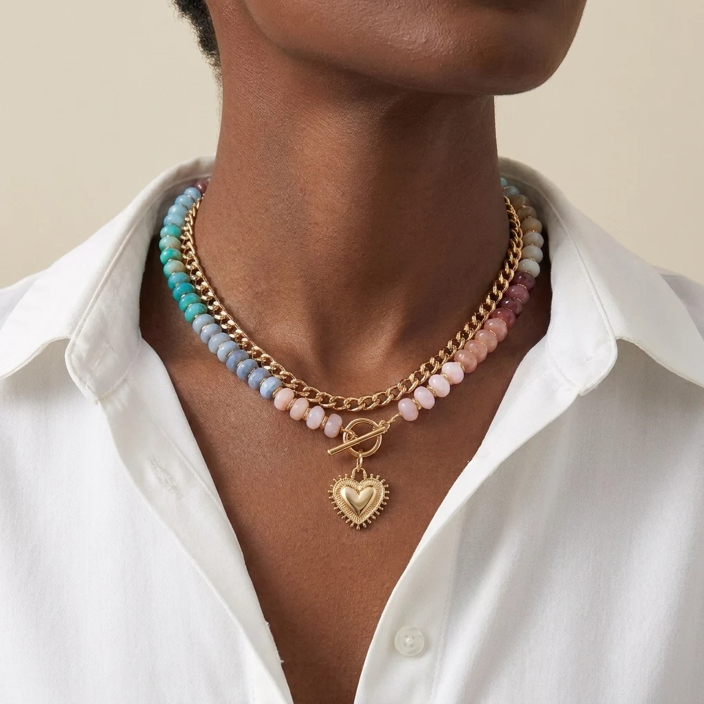 Boho Bunte Harzperlen-Doppelschicht-Halsketten für Damen, Vintage Herz OT Toggle Anhänger Choker, Sommer Charms Schmuck Geschenke – Detail 3