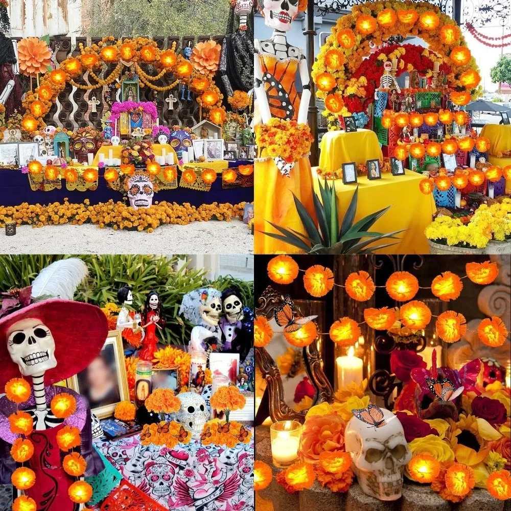 New 1.5/3 Meters Marigold Garland​​ Battery Powered LED Marigold String Lights Reusable Flower String Lights Pooja Diwali Fiesta