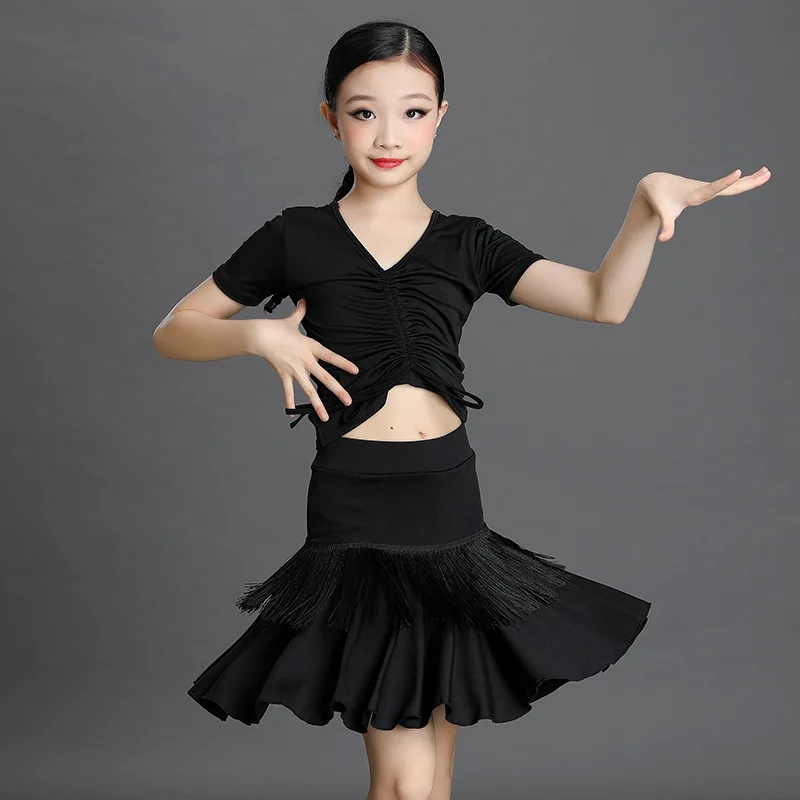 2024 Kids Girls Tassels Latin Dance Costumes Children Ballroom Dancing Dress ChaCha Rumba Samba Fringed Skirt Practice Costume