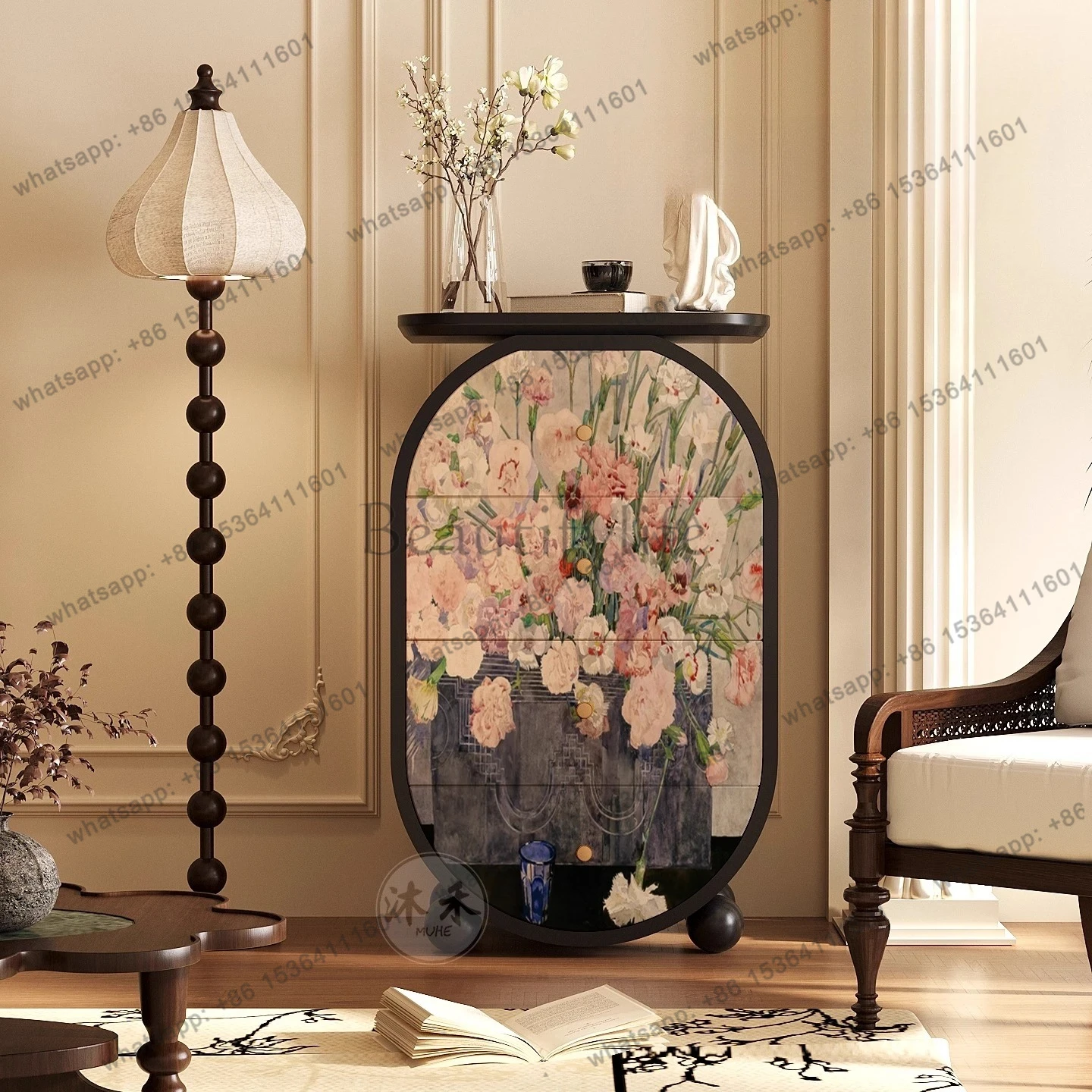 

French retro niche flowers free installation solid wood four chest cabinet bedroom living room home sofa side cabinet