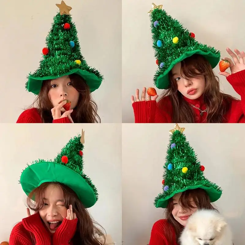 Christmas Tree Hats Fabric Rain Silk Hat for Adults Kids Funny Santa Hat with Tinsel Xmas Holiday Party Costume New Year Decor