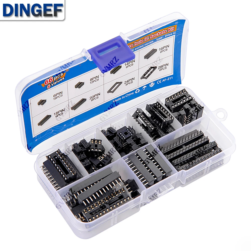 66PCS/lot with Box DIP IC Sockets Adaptor Solder Type Socket Kit 6 14 8 16 18 20 24 28 Pin DIP-6 DIP-8 DIP-14 IC Connector