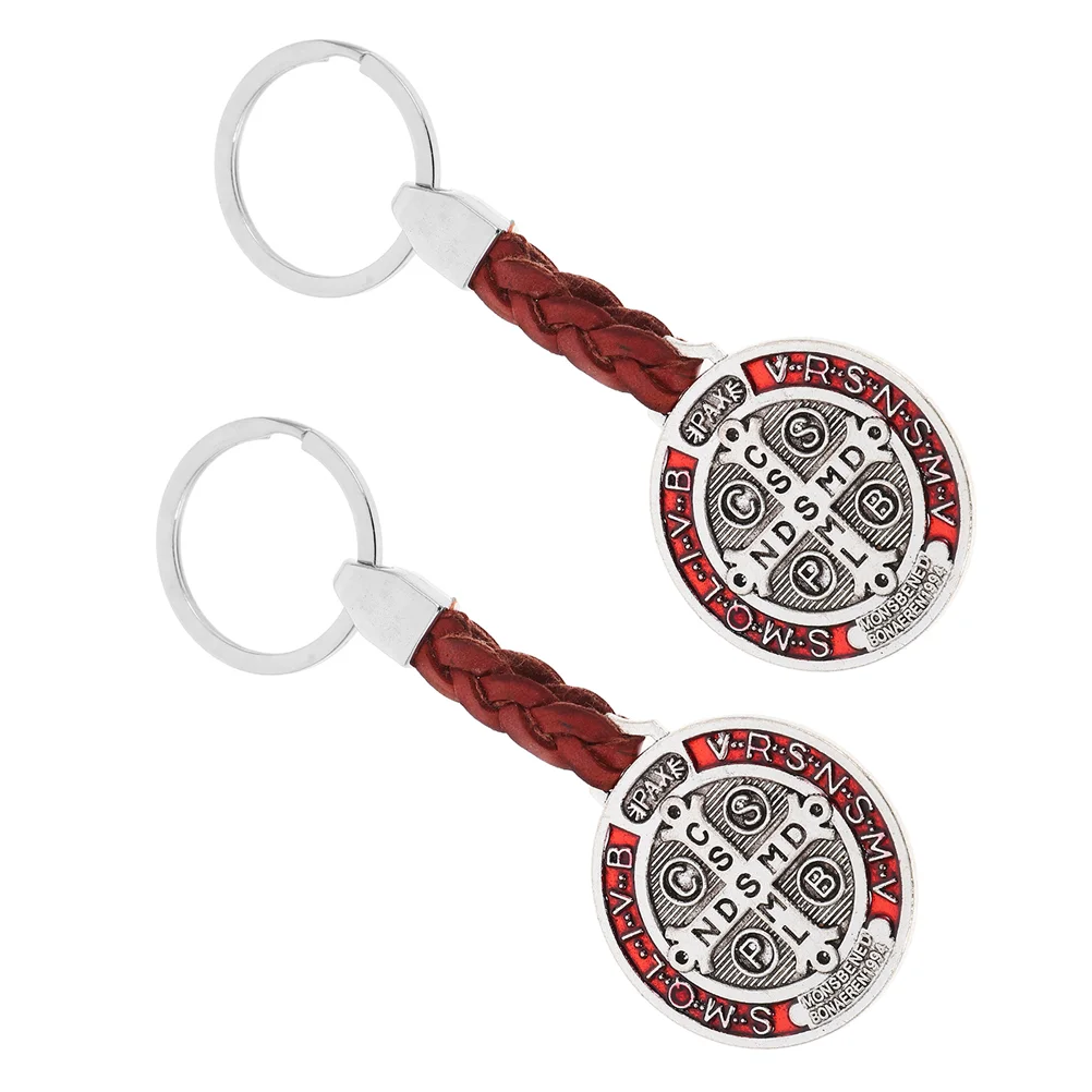 2 Pcs Cross Keychain Benedict Accessories Medals Home Blessing Divine Mercy Metal