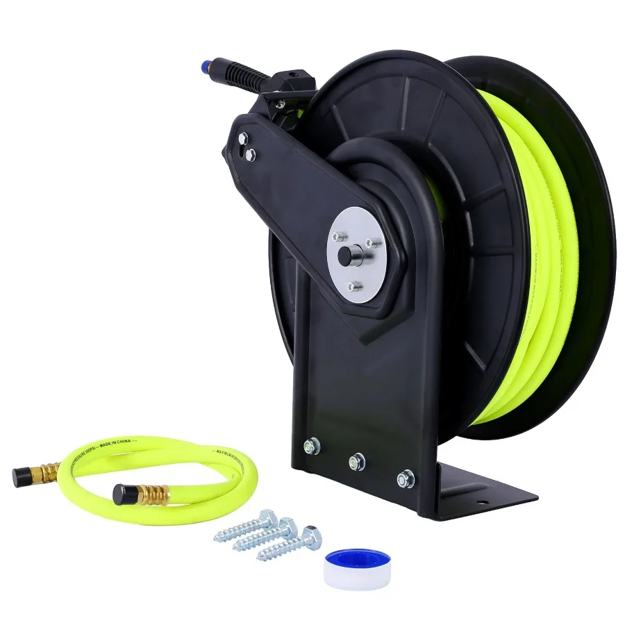 

Retractable Air Hose Reel With 3 8 Inch x 50' Ft Heavy Duty Steel Hose Reel Auto Rewind Pneumatic Industrial Grade Rubber Hose