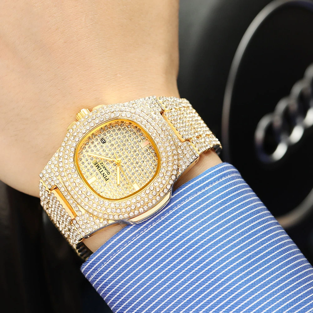 

PINTIME Fashion Men Women Diamond Bling Iced Out Gold Watch Luxury Quartz Casual Dress Business Wrsitwatches Gift Clock Montre