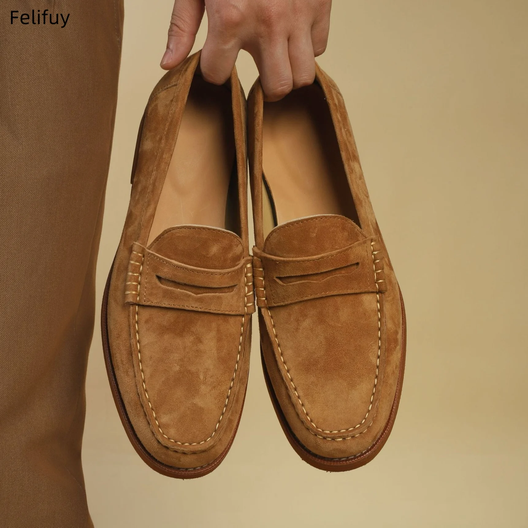 Coffee Cow Suede Men's Flat Shoes Slip On Loafers Preppy Soft Breathable Flats Non Slip Daily Fashion Casual Outdoor Sneakers