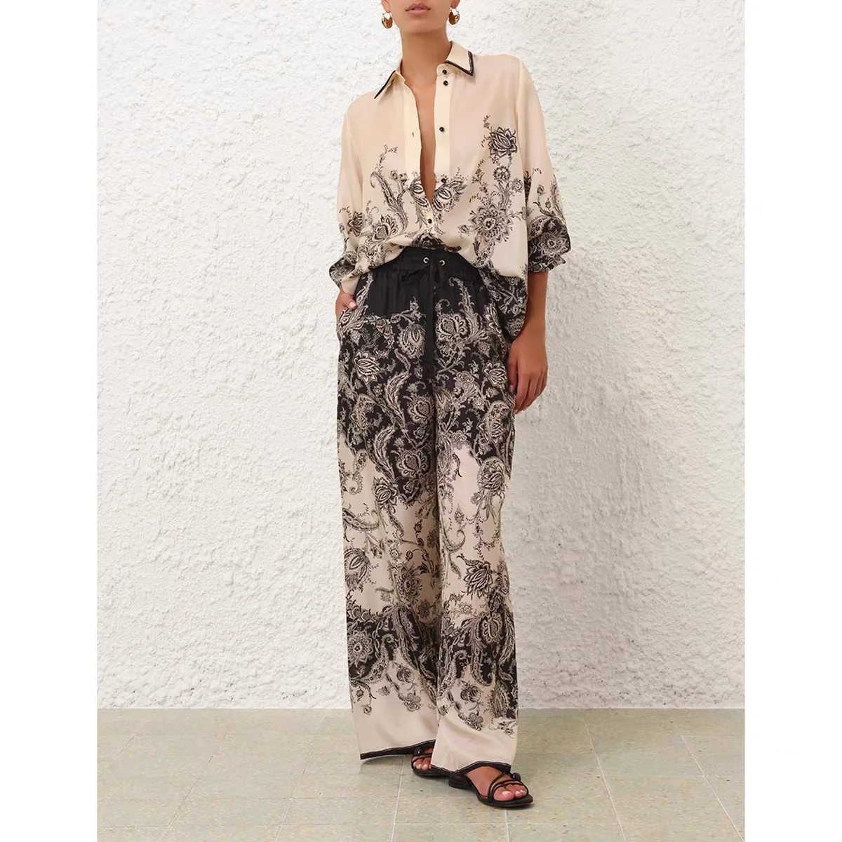 

Повседневные атласные брюки с поясом и широкими штанинами, комплект из двух предметов Vaion Sle, австралийский дизайн, свободный крой, женская мода