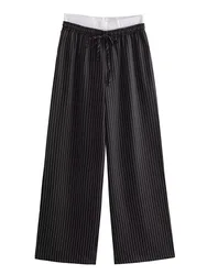 TRAF 2024 Spring Women's Striped Trousers  Fashuon Casual Patchwork Wide Leg Pants Ladies Drawstring Commute Straight Trousers