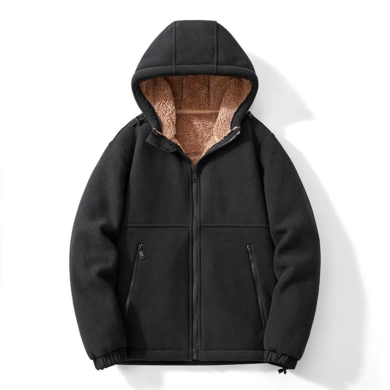 2024 Autumn/Winter New Fashion Solid Color Lamb Wool Hooded Coat Men\'s Casual Loose Thick Warm High Quality Plus-Size Jacket