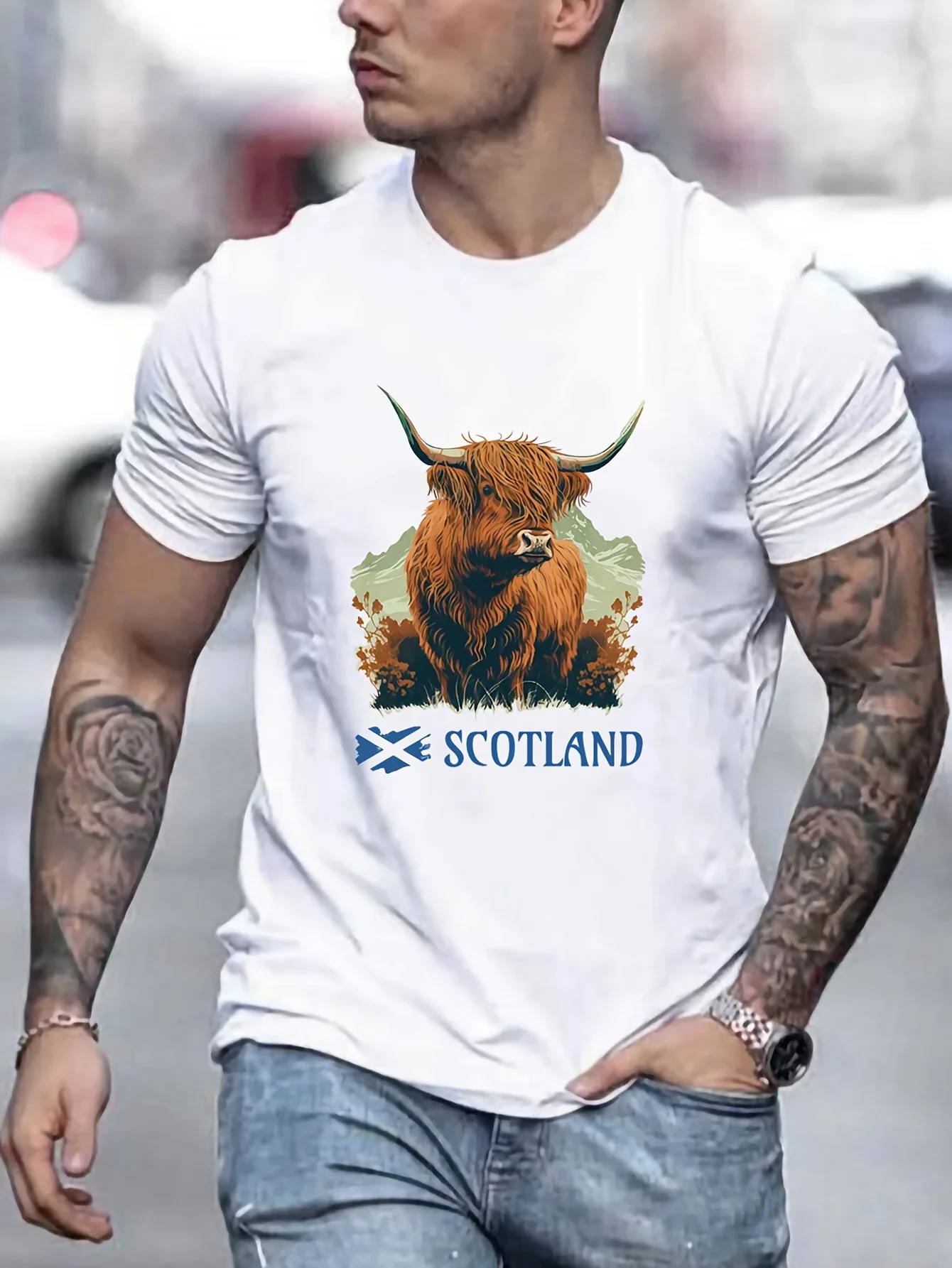 

Men's Scotland Highland Cow Graphic Tee - Casual Yellow Polyester Blend T-Shirt with Stretch, Machine Washable