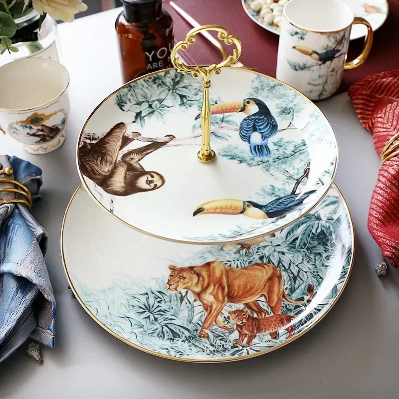 Jungle Animal Pattern Double Layer Ceramic Fruit Plate Living Room Palm Tree Porcelain Cake Rack Home Candy Fruit Dessert Tray