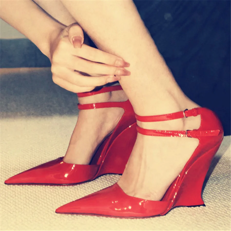 

2024 Summer Women Pumps Thick High Heel Sandals Sexy Red Pointed Toe Wedding Shoes Ladies Ankle Straps Dress Wedges