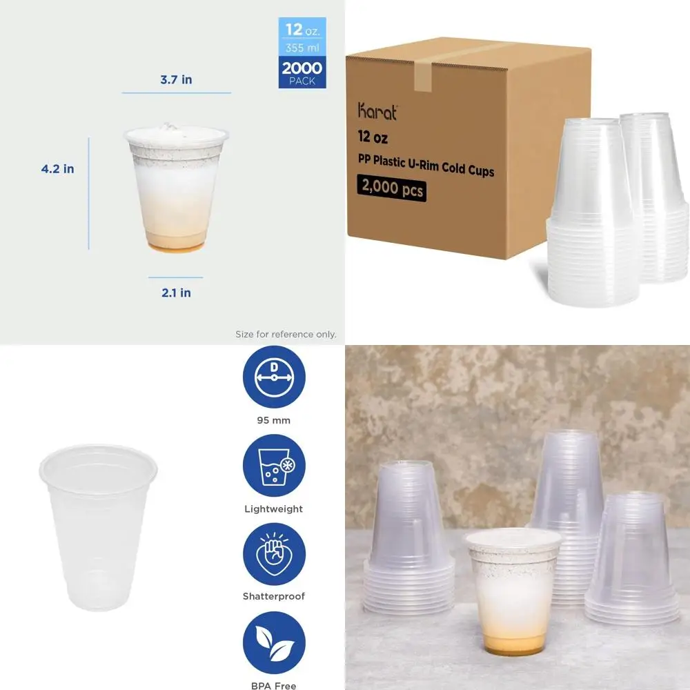 

95mm Translucent Disposable PP U-Rim Cups, 12oz Capacity, 2000 Count for Film Sealing