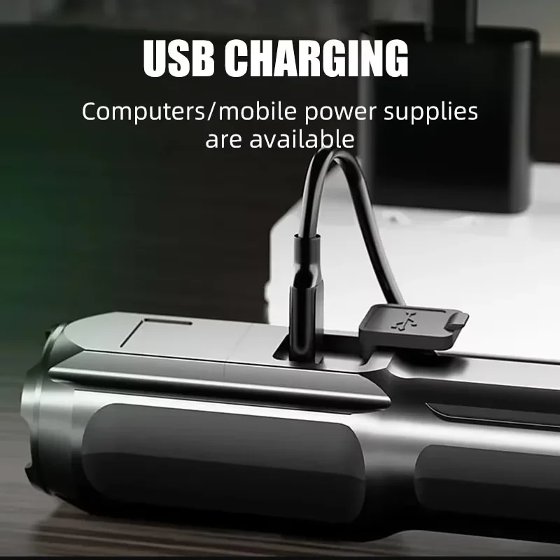 مصباح يدوي قوي في حالات الطوارئ في الهواء الطلق متعدد الوظائف USB التخييم ضوء الإضاءة مصباح يدوي العمل الجانب الشحن