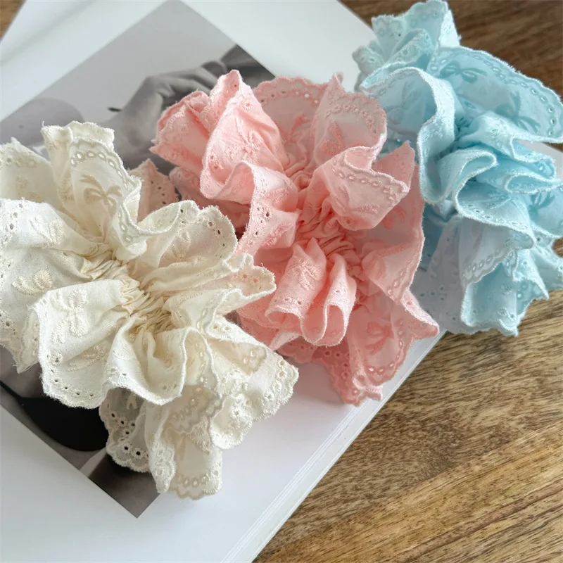 Korean New Sweet 12cm Large Hollow Lace Scrunchie Simple Pure Color Fashion High Stretch Ponytail Hair Tie Hair Accessorie