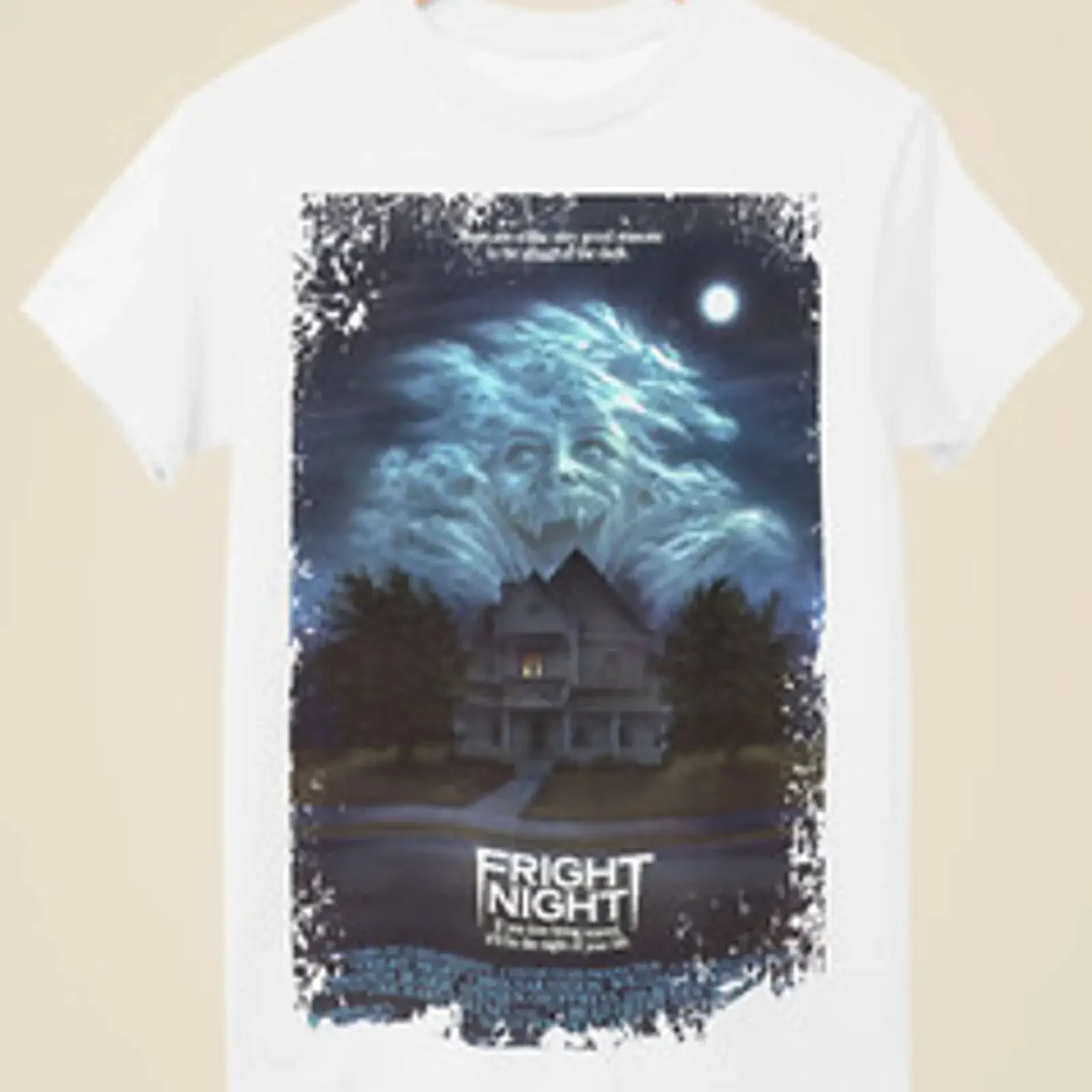 Camiseta blanca unisex inspirada en póster de película Fright Night vintage Washed Comfortable Slightly streetwear Stretched