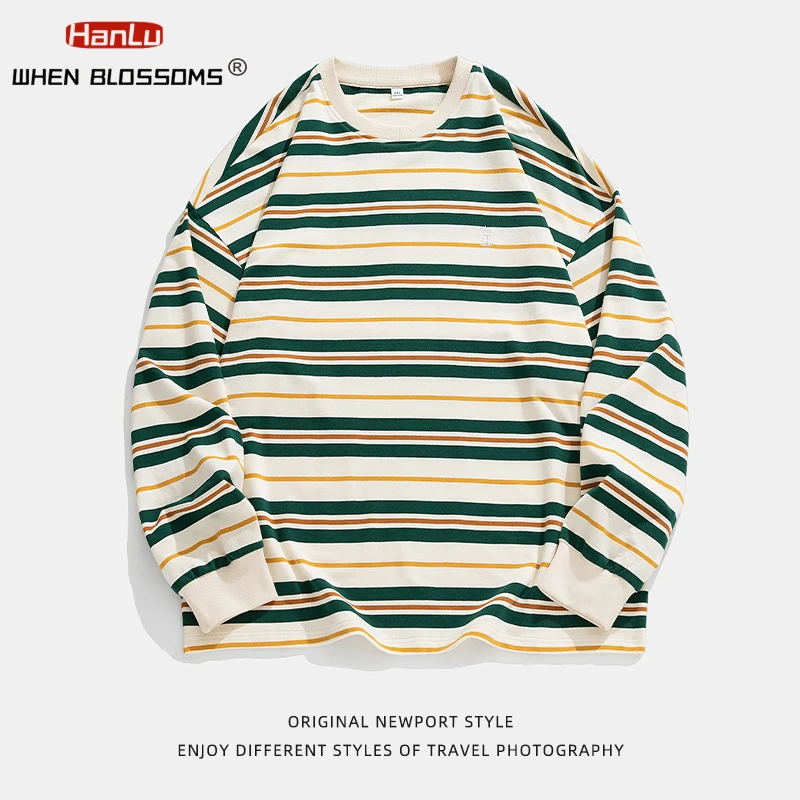 

Embroidered Striped Contrast Round Neck Cotton Sweatshirts Autumn Fashion Brand Loose Couple Unisex Long Sleeve T-shirt for Men