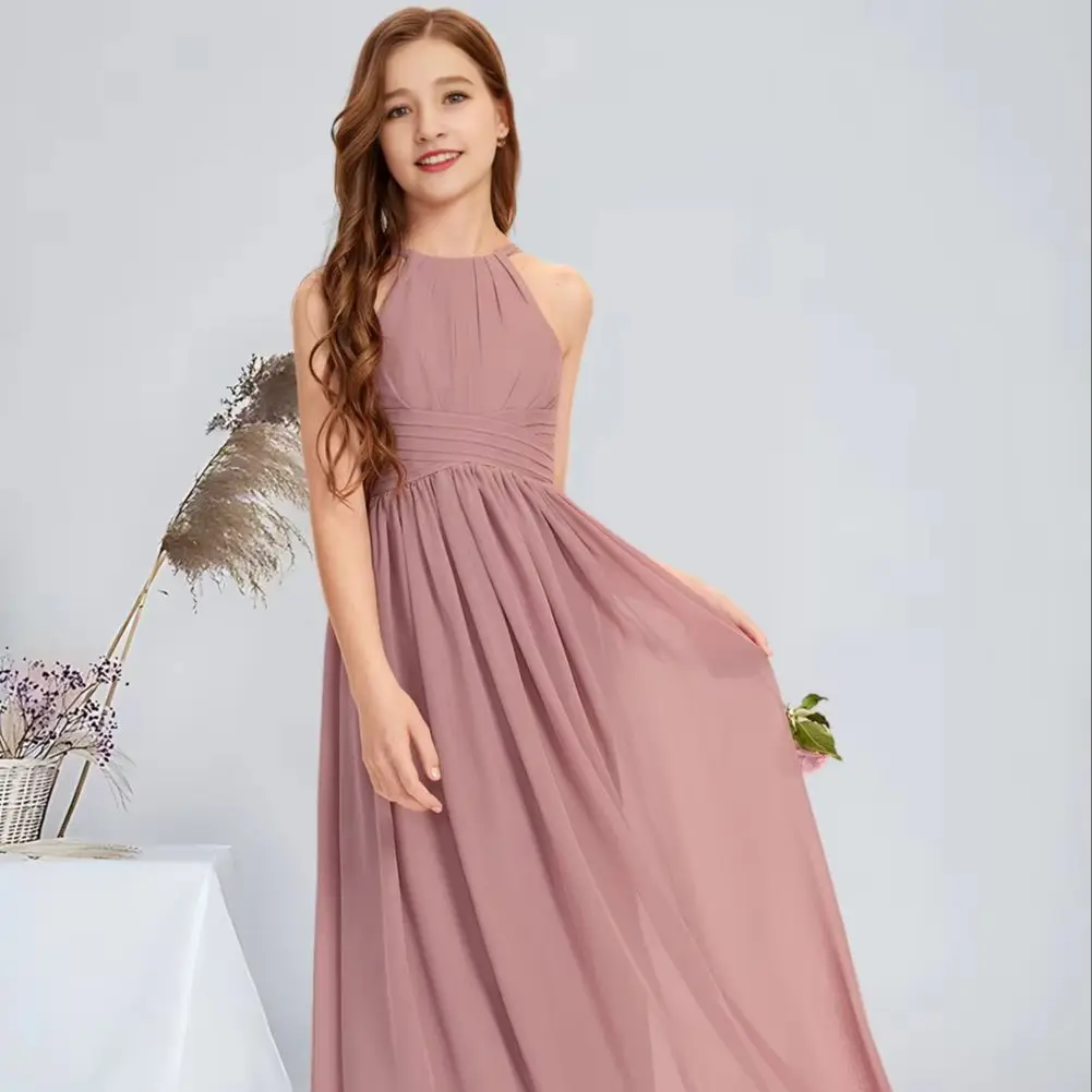 

WWA Kids A-line Halter Floor-Length Chiffon Junior Bridesmaid Dress Blue Flower Girl Dress for Wedding Party Dresses For Teens