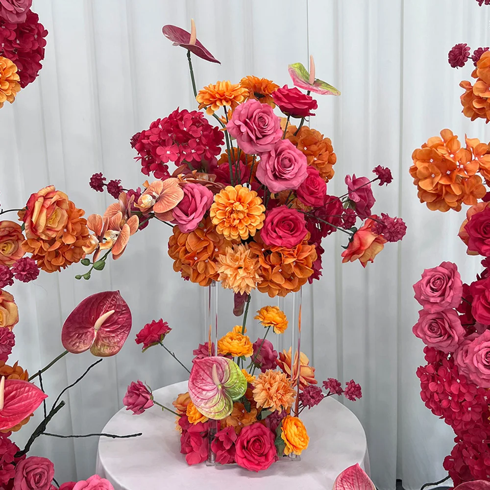 Arche de fond de scène de mariage, chemin de fleurs, rose hydrangea rose vif et orange, décoration en panneau KT, accessoires de fête et d'événement, présentoir
