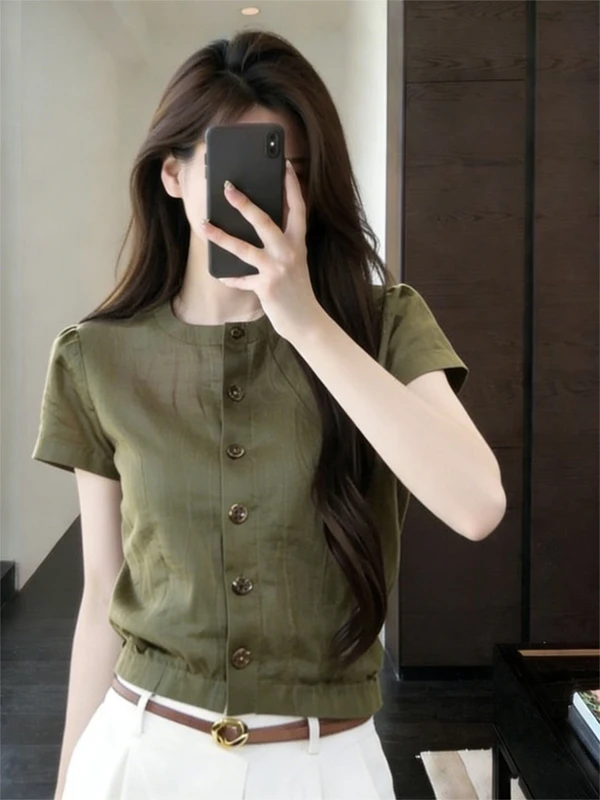 

Elegant Green round Neck Short Sleeve Shirt Women's Summer Unique Simple Versatile Cool Style Casual Loose Fit Shirt