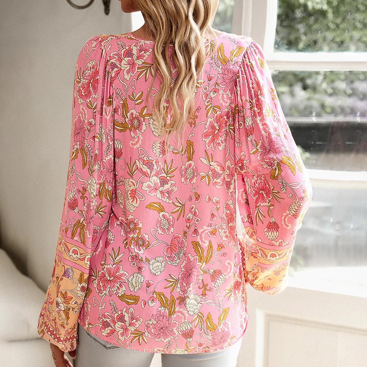 TEELYNN Cotton Rayon Floral Printed Blouses Shirts for Women Tops Long Sleeve V Neck Beach Boho Loose Blouse Summer 2023 Blusa