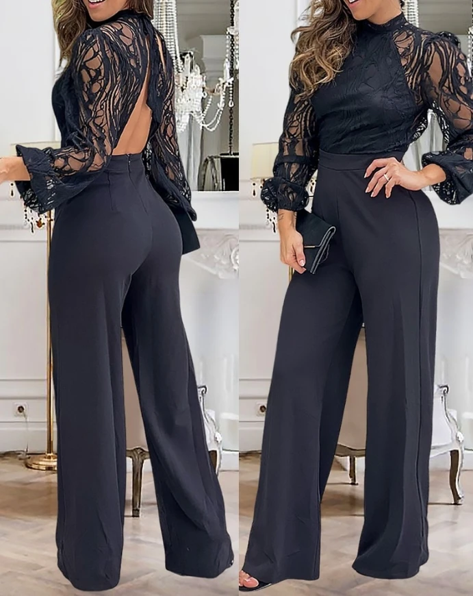 

Sexy Contrast Lace Stand Collar Tied Detail Backless Straight Pants Lantern Sleeve Jumpsuit Elegant Overall Fashion 2025 Casual