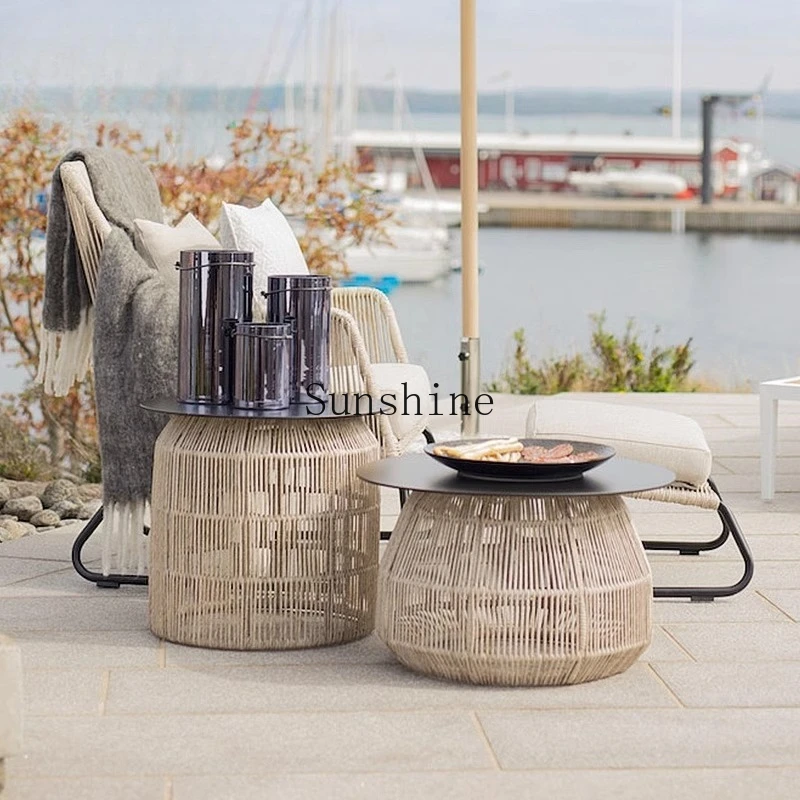 

Nordic outdoor round coffee table combination negotiation table courtyard hotel balcony rattan creative marble