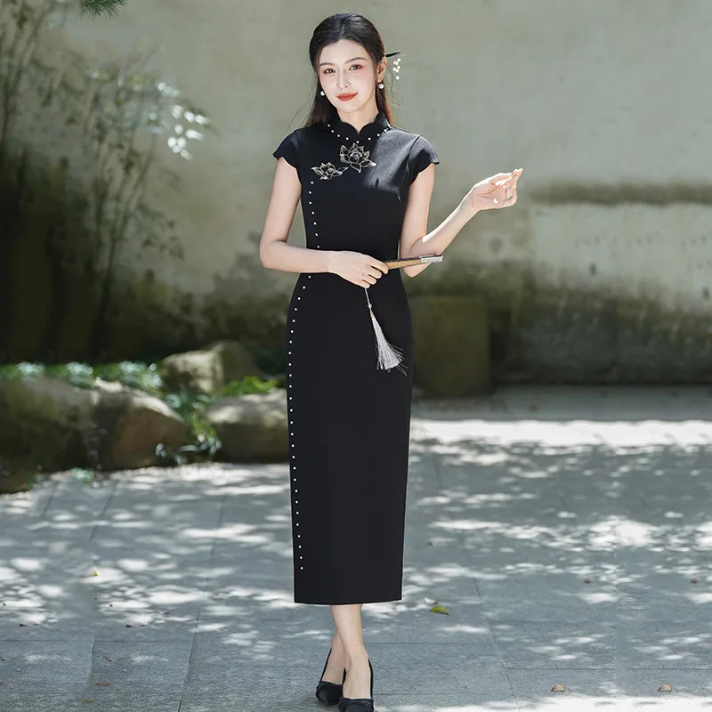 

Embroidered Black Long Chinese Qipao Improved Young 2025 New Women Old Shanghai Evening Dress Summer Qipao