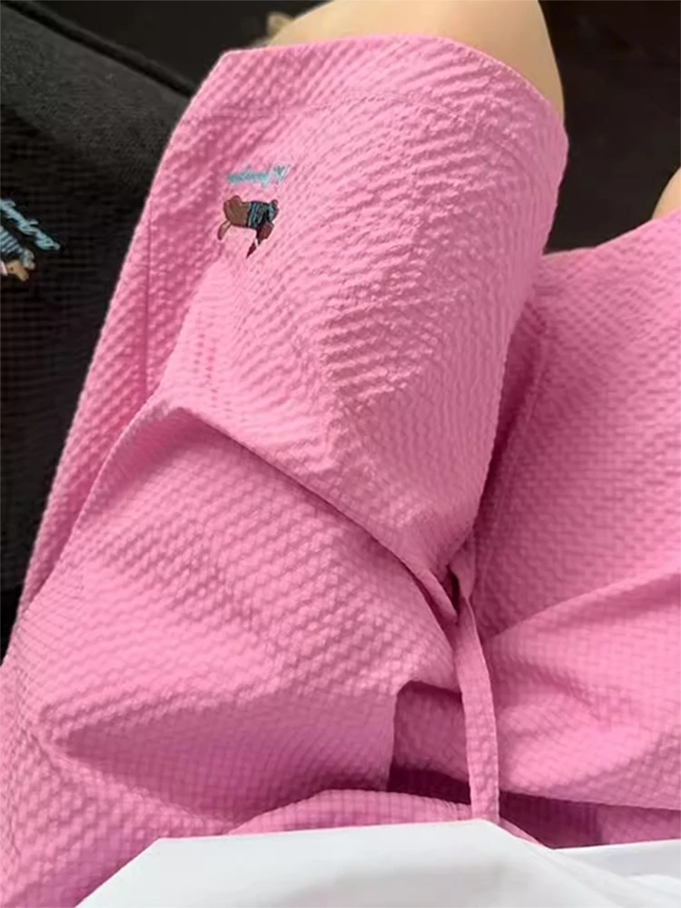 

Розовые быстросохнущие летние шорты Pink Bubble для мужчин, с вышивкой Dopaamine, длиной до колена, пляжные повседневные шорты, молодежный модный бренд