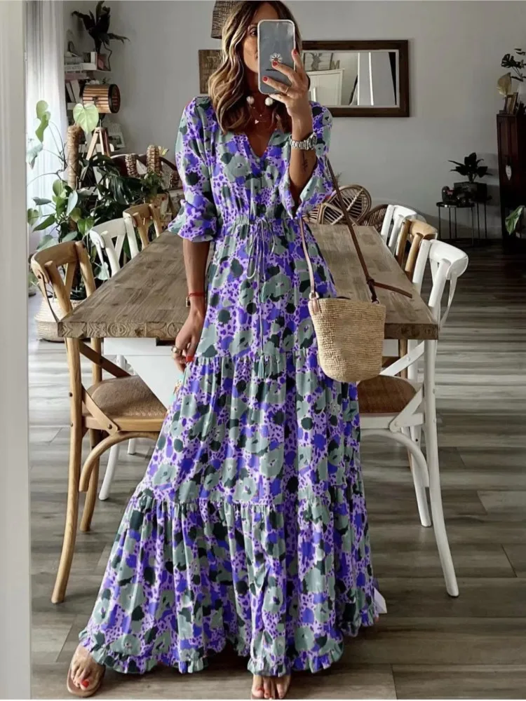 Abito elegante con stampa Lady Fashion Tre quarti con scollo a V a vita alta Abiti larghi per le donne Casual Vintage Boho Abiti da vacanza Nuovo