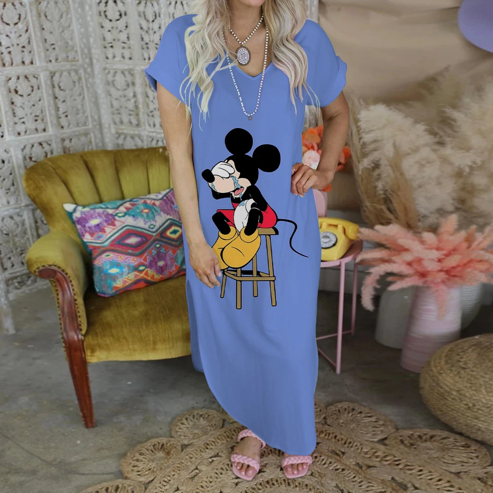 Long Dress Print Party Dresses for Women 2022 V-Neck Minnie Mouse Robe Fashion Elegant Casual Women's Dresses Disney Mickey Sexy