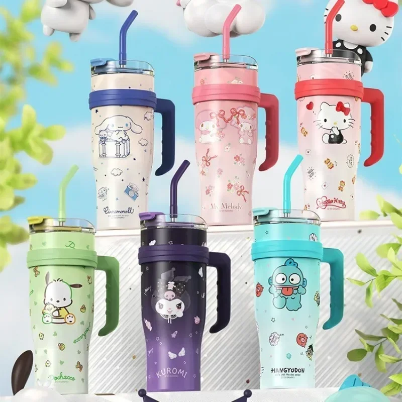 1200ML Sanrio Hello Kitty 304 Stainless Steel STRAW CUP Cute Anime Cartoon Cinnamoroll Kuromi Car Straw Cup Child Holiday Gifts