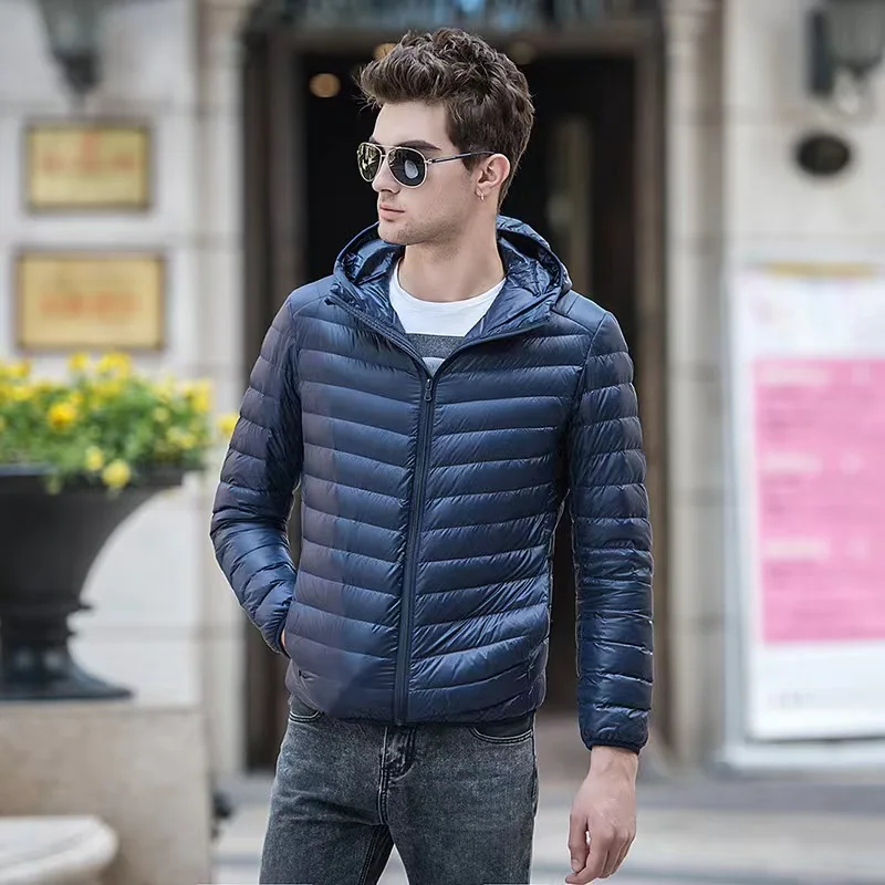 Męska puchowa kurtka z kapturem Zimowy płaszcz jesienny Mężczyźni Ultra lekkie kurtki Ciepła odzież wierzchnia Kampania na świeżym powietrzu Kurtki męskie z kapturem