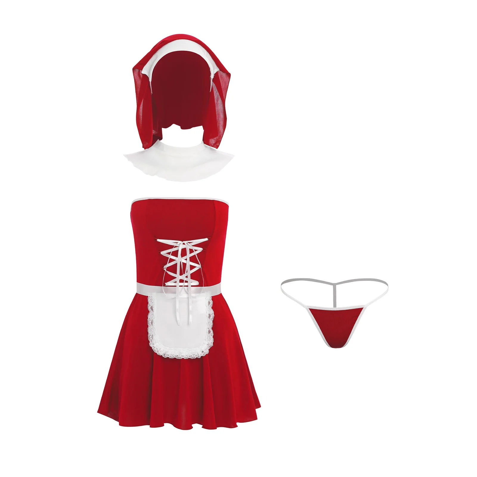 

Women Carnival Party Nun Maid Cosplay Costumes Mini Dress And T-back Thong Headwear Apron 5-piece Nun Role Play Erotic Nightwear
