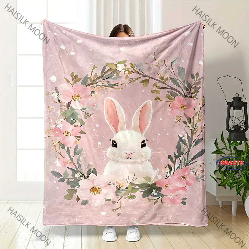 Cute Rabbit Print Flannel Throw Blanket Cozy Warm Soft Lightweight Bed Sofa Blanket for Babys and Pets, Suitable for All Seasons