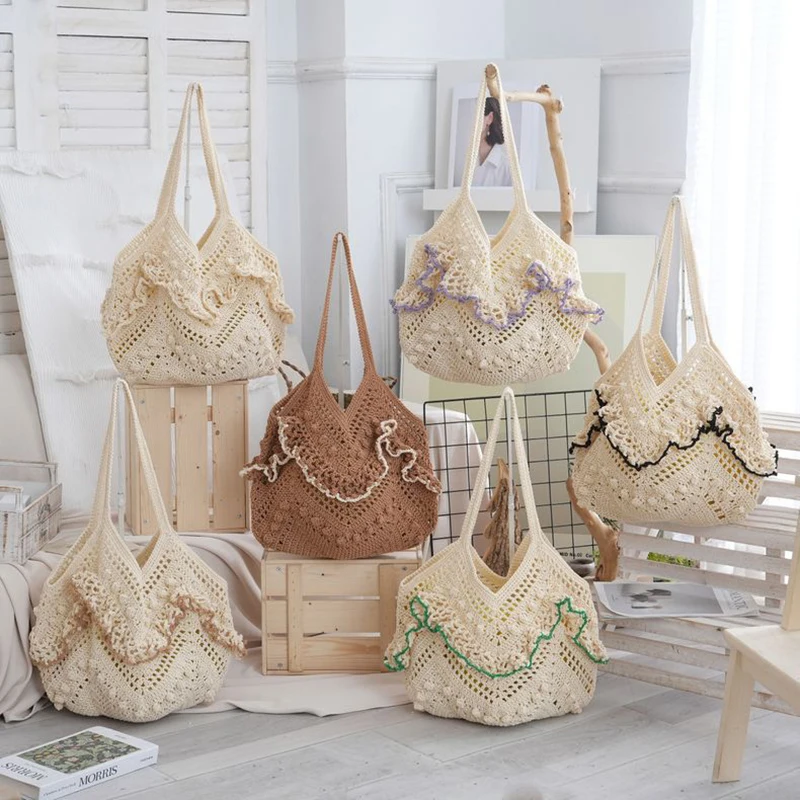 Trendy Handmade Crochet Bag Leisure Hollow Knitted Tote Bag Boho Large Capacity Weave Shoulder Bag Handbags