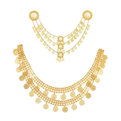 Golden Coins Shoulder Chains Pin Necklace for Women Luxury India Saudi Dubai Ethnic Bridal Wedding Accessories Party Jewelry Set