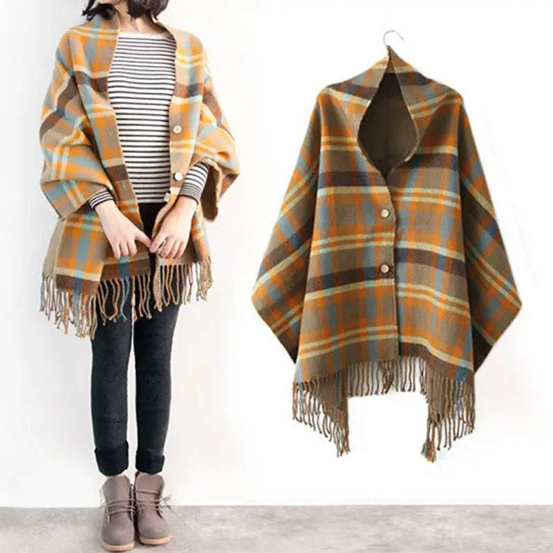 

Cloak Shawl Imitation Cashmere Poncho Cape Spring Autumn Knitted Shawl with Button Scarf Multifunctional Women Capes Khaki