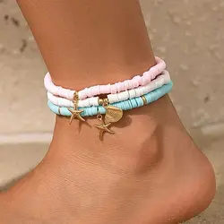 PuRui Gold Color Starfish Women's Multi Color Anklets Summer Casual New In Girls Foot Chain 3pcs/Sets Jewelry For Beach Party