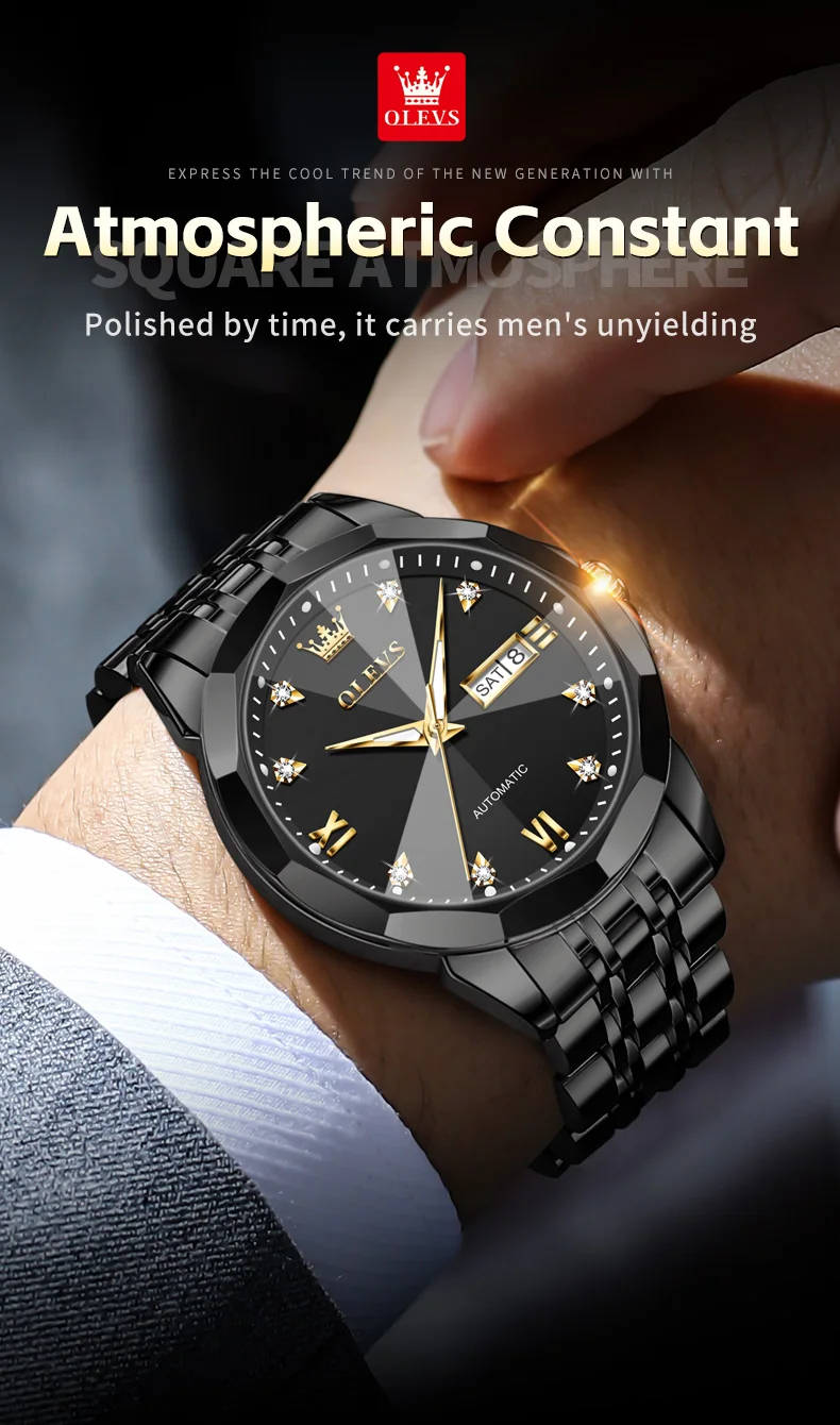ساعة ميكانيكية OLEVS للرجال ، أصلية ، مرآة معينة ، مقاومة للماء ، مضيئة ، تاريخ الأسبوع ، أوتوماتيكي ، فولاذ مقاوم للصدأ