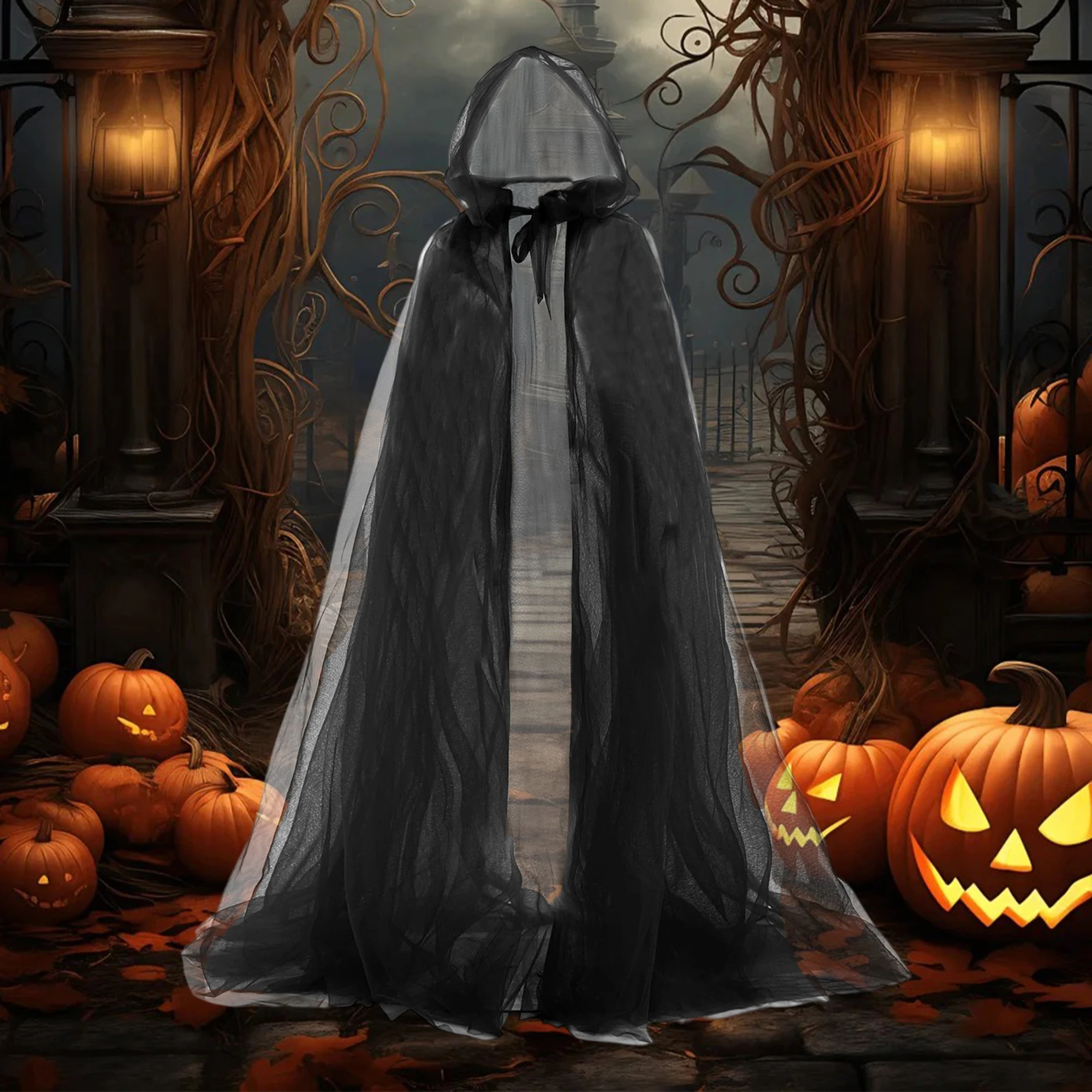 Geheimnisvoller Sensenmann-Umhang für Kinder, schwarz-weißes Halloween-Kostüm, Kapuzenrobe für Jungen und Mädchen