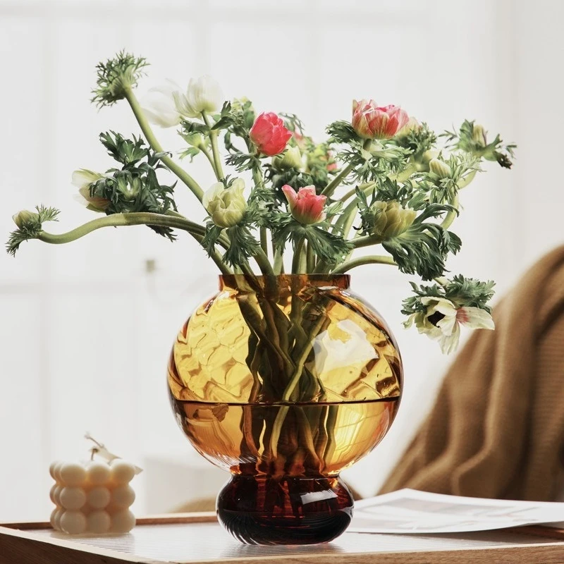 Amber Wavy Glass Vase Nordic Light Luxury Minimalist  Tabletop Flower Arrangement Unique Handicraft Home Decoration Living Room