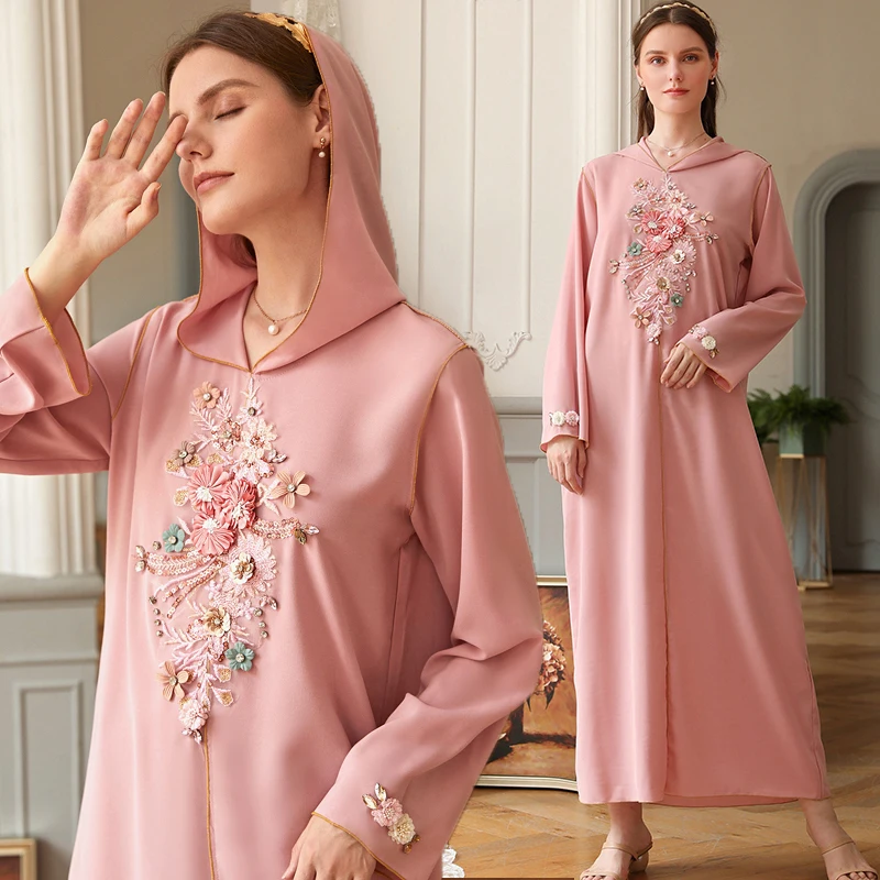 

Best selling Pleated Hooded Floral Diamond Darcy Girls Pink Robe Dubai Arabian Robe Ladies Clothes