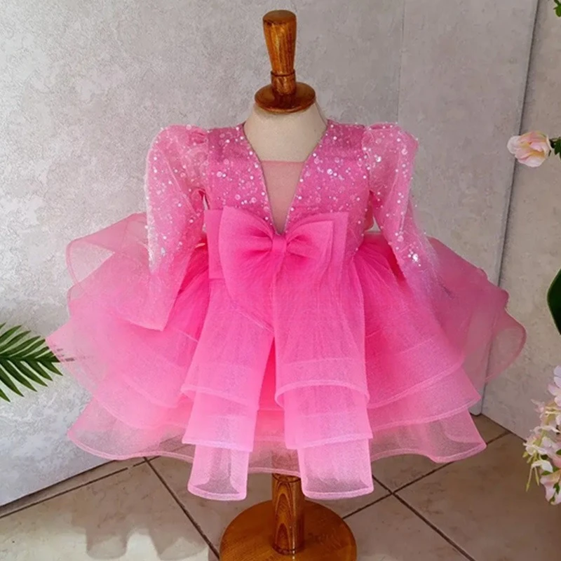 2025 Girls Pink Princess Dress Long Sleeve Puffy Gown Kids First Birthday Party Outfit 1 Years Old Formal Celebration Matching