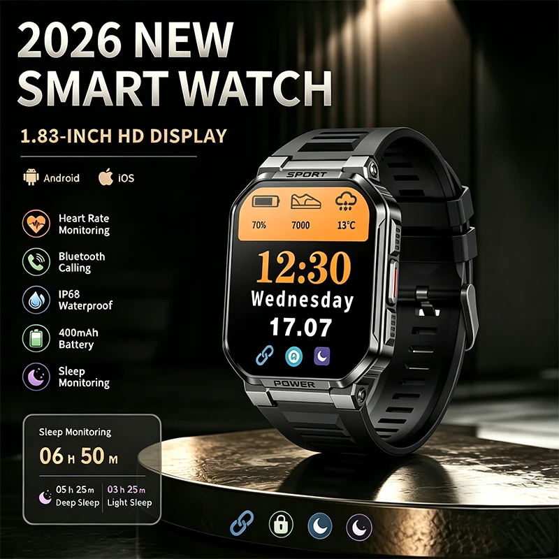 

2026 New Smart Watch for Men Outdoor Sports 1.83" HD IP68 Waterproof BT Call Heart Rate Sleep Monitor Compass for Android iOS