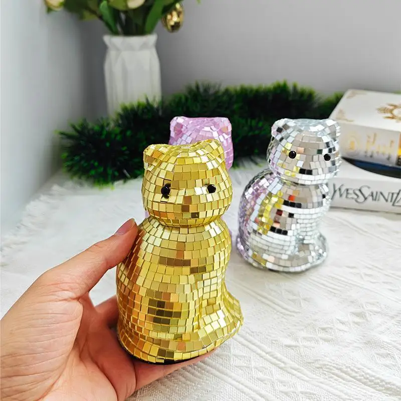 Niedliche Katzen-Discokugel-Skulptur, kreatives, funkelndes, spiegelndes Dekorationsobjekt für Zuhause, Partys, Neujahrsdekoration, Geschenk – Detail 4